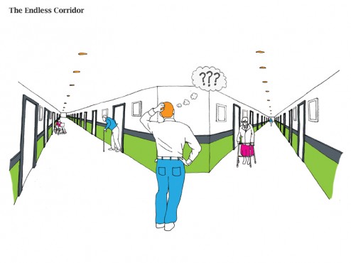 This image is one of a series of drawings looking at different problems that we have identified within existing care homes. The Endless Corridor is a windowless, disorientating space. Lack of identity makes way finding confusing. Does this transition space have the potential to become more than just that?